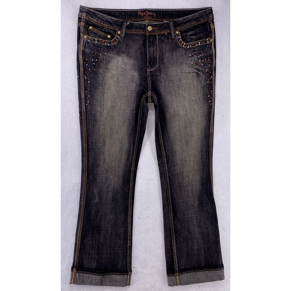 Pepe Jeans London Womens Size 34 Studded Rhinestone Cuffed Flare Jeans Dark Wash